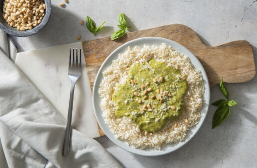 homemade basil pesto with aromatic rice